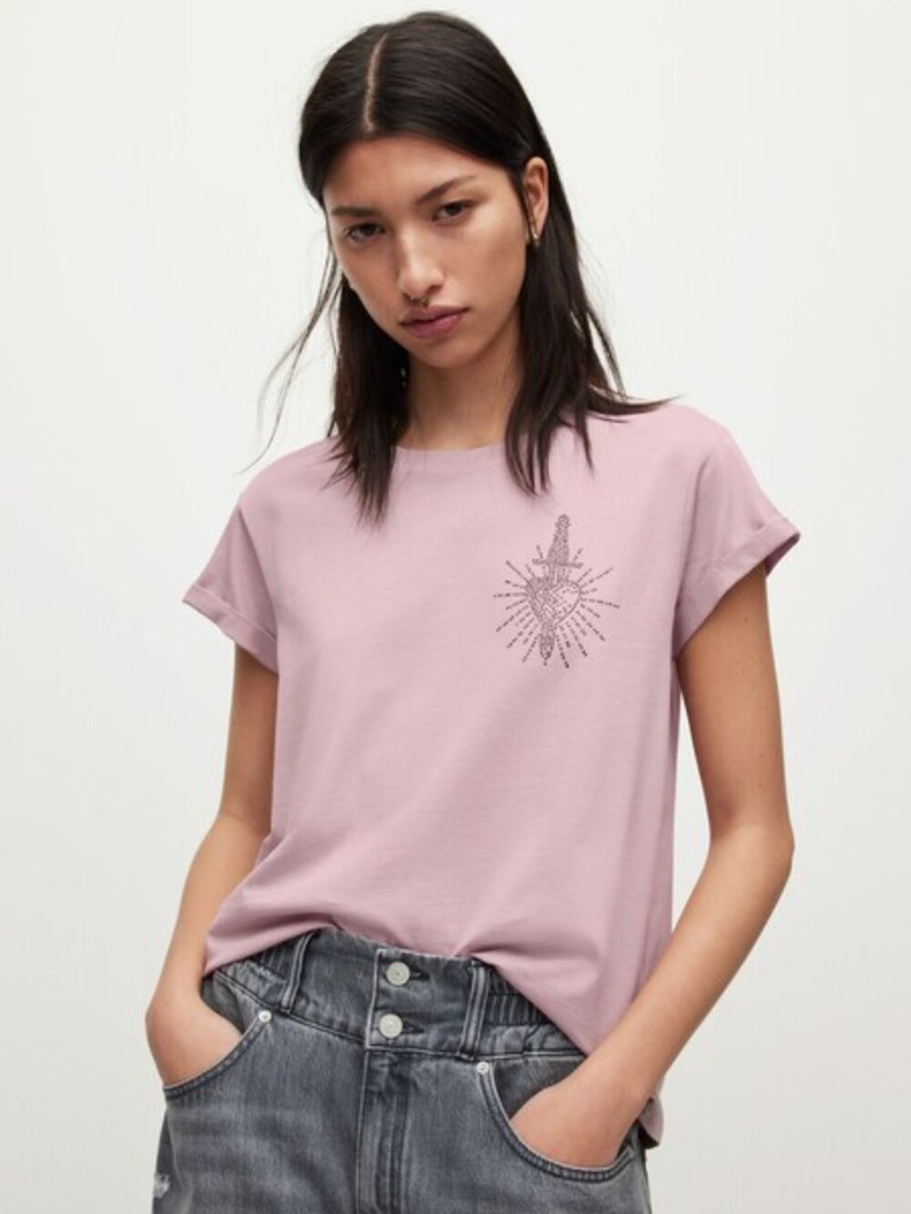 All Saints Anna Hotfix Diamante T-Shirt Pale Orchid Pink